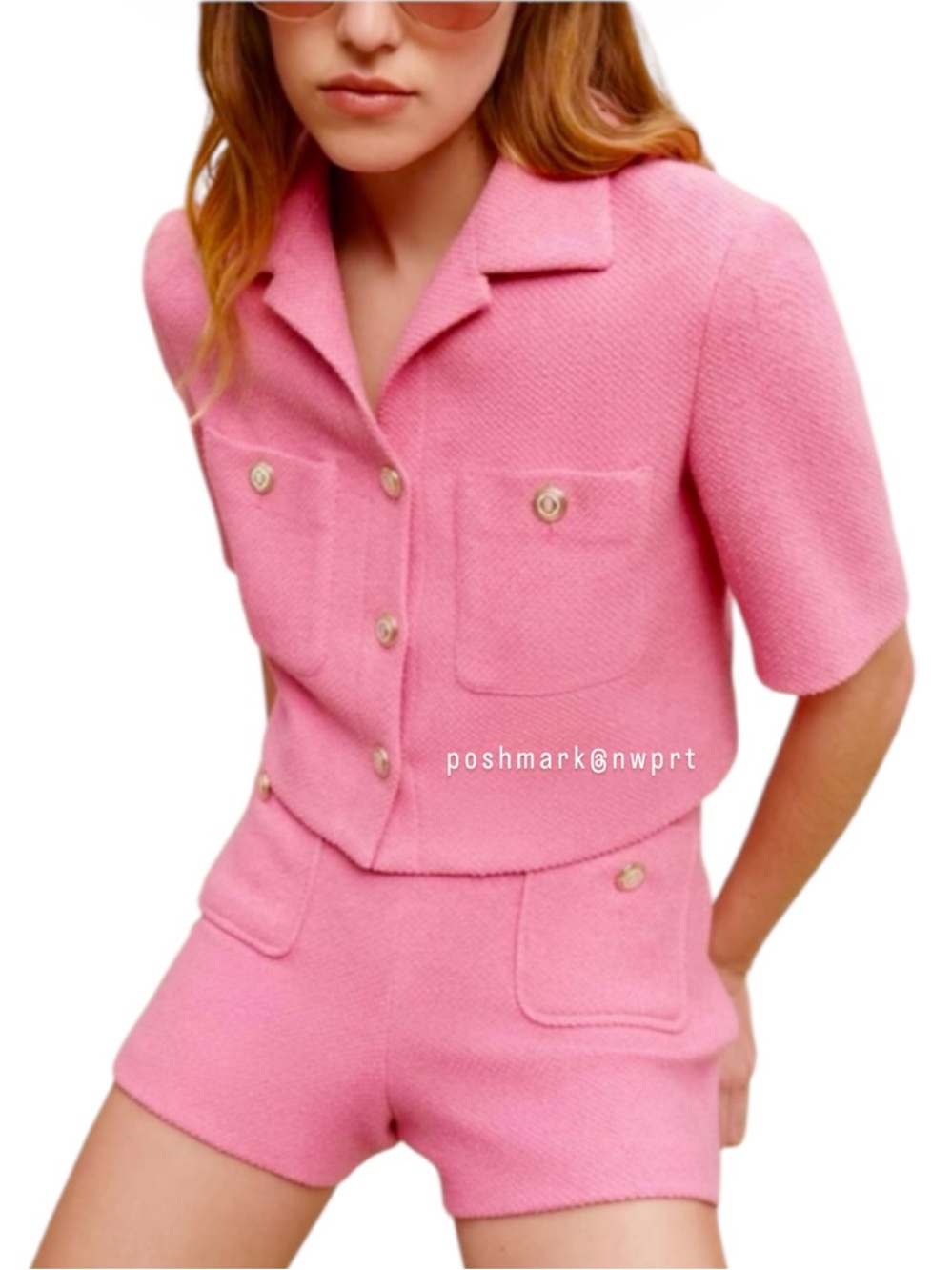 MAJE 💓 Vapela Tweed Jacket Pink Button Front Top Blazer 36 1 S Small XS - Picture 2 of 13